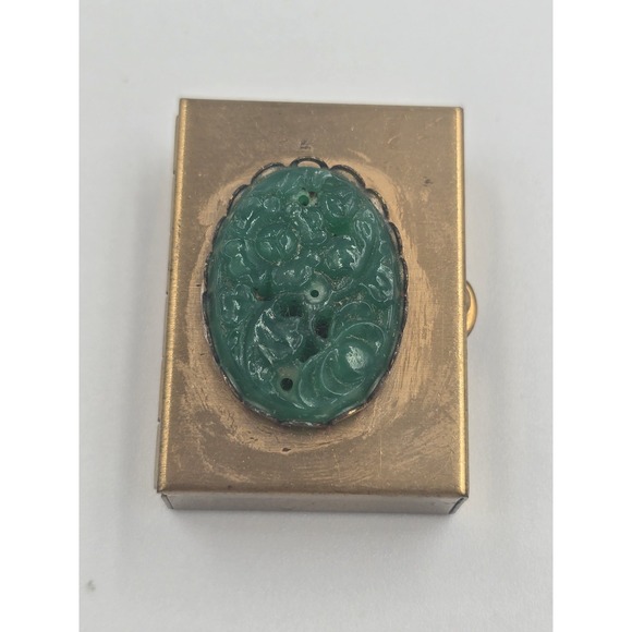 Antique Chinese Brass Pill Snuff Box with Carved Green Jadeite Jade Stone Top